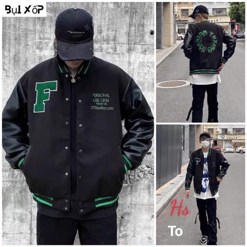 Áo Khoác Bomber Nỉ Chữ F Phối Tay Da Bo Viền