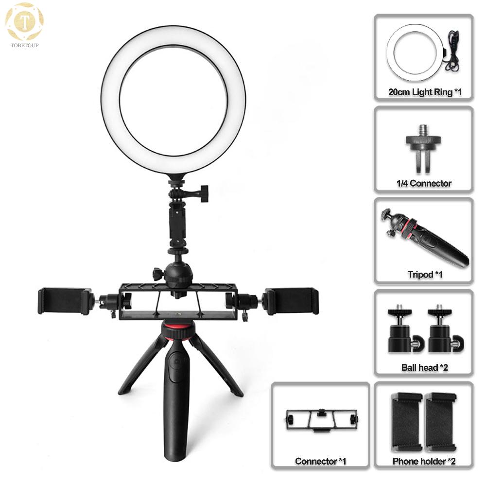 Shipped within 12 hours】 20cm/8inch Desktop LED Ring Light Fill-in Lamp 3200K-5600K Dimmable USB Powered with Mini Tripod Stand + 3pcs Phone Holder + 2pcs Mini Ballhead Adapter + Remote Shutter for YouTube Video Recording Live Streaming Selfie Makeu [TO]