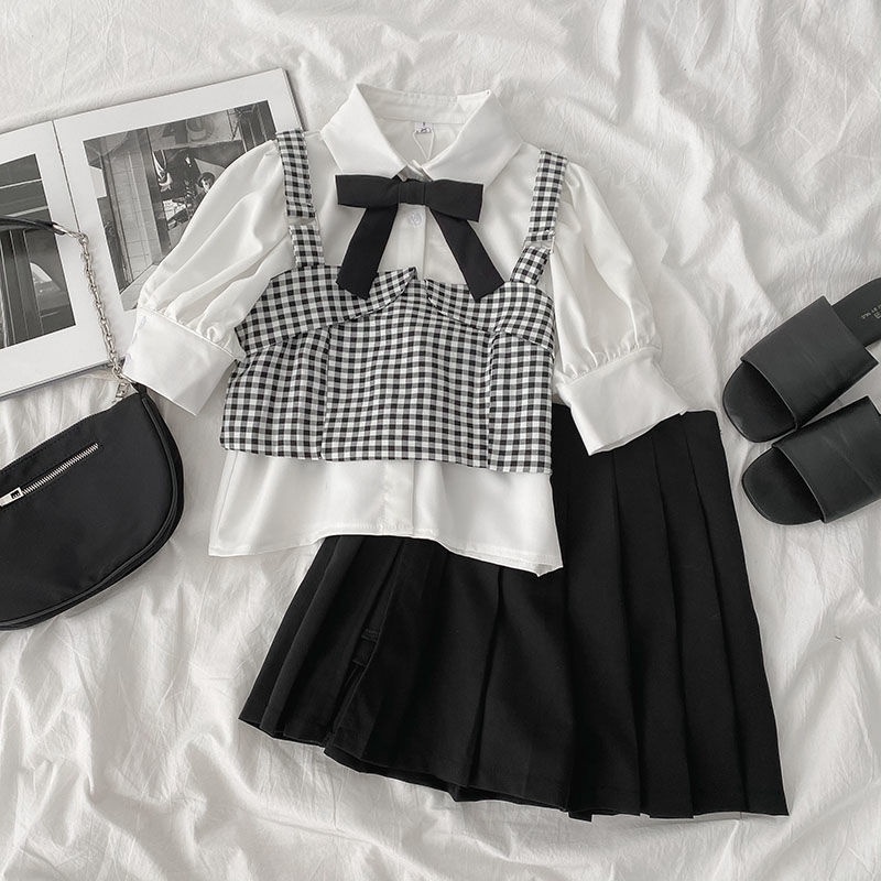 Set Áo Hai Dây + Chân Váy Xếp Ly Lưng Cao Thời Trang Hàn Cho Nữ
