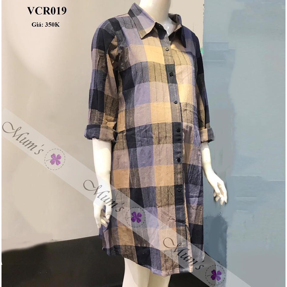 ĐẦM BẦU FREESHIP Váy caro xanh đen dáng sơ mi cổ đức tay dài sz S