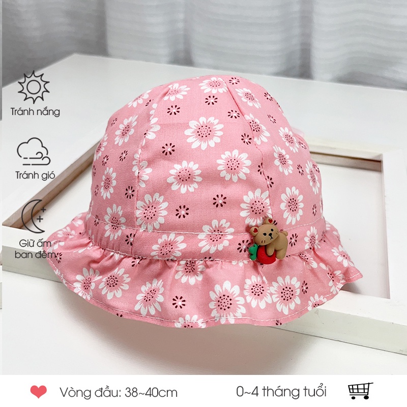Nón bé gái sơ sinh rộng vành chống nắng 0-1 tuổi, mũ em bé mềm mát, thoáng khí, có dây cột tiện lợi phong cách dễ thương