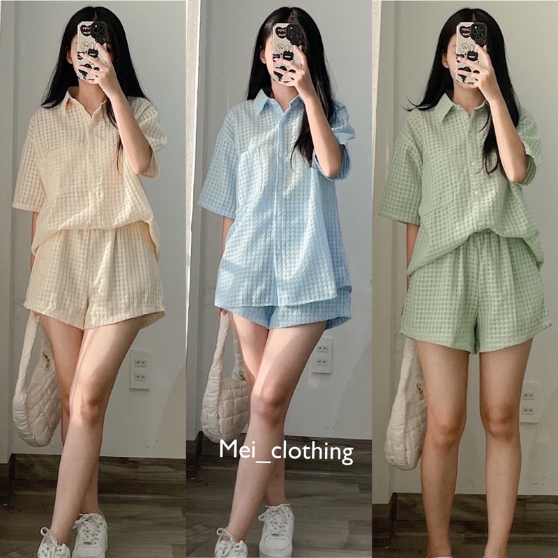 Set sơmi họa tiết ô vuông tông màu pastel Hàn Quốc