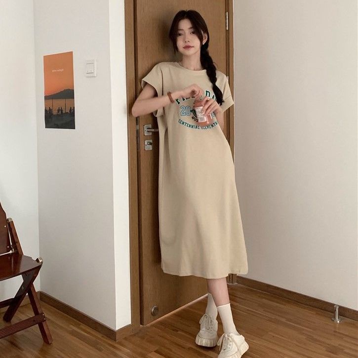 Đầm Thun Nữ Ngắn Tay In Chữ Thời Trang Hàn Quốc