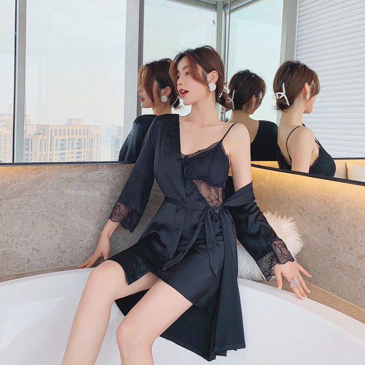 Set ngủ lụa sexy Váy ngủ ren xuyên thấu eo có mút ngực kèm áo choàng ngủ lụa kiểu kimono với màu xám xanh lạ mắt