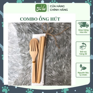 Bộ Ống hút bằng tre  + Muỗng nĩa gỗ + Cọ rửa ống hút + Túi vải