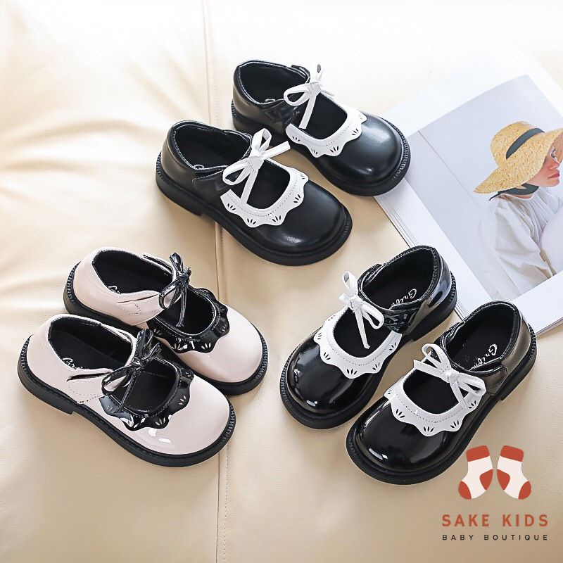 Giày búp bê bé gái- Giày bệt quai dán đính nơ xinh xắn da PU bóng mềm êm chân chống trơn trượt phong cách Hàn Quốc FL188