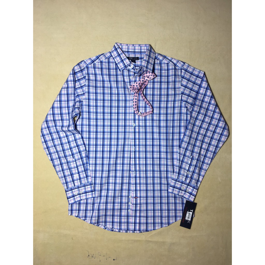 Áo sơ mi công sở nam tay dài cotton cổ bẻ sọc caro có nơ thắt cổ hàng hiệu mỹ size 18
