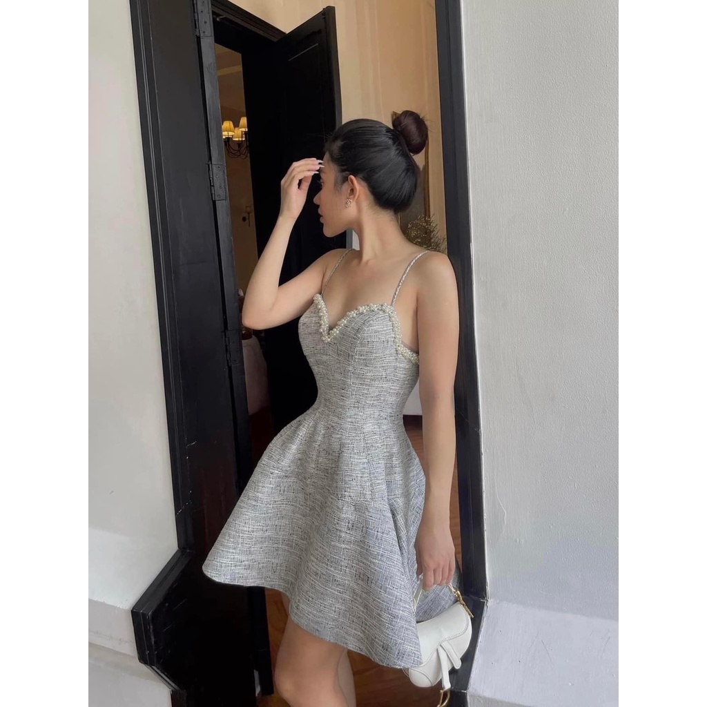 LINH CAVALI - Váy tweed 2 dây kết ngọc 3 màu.