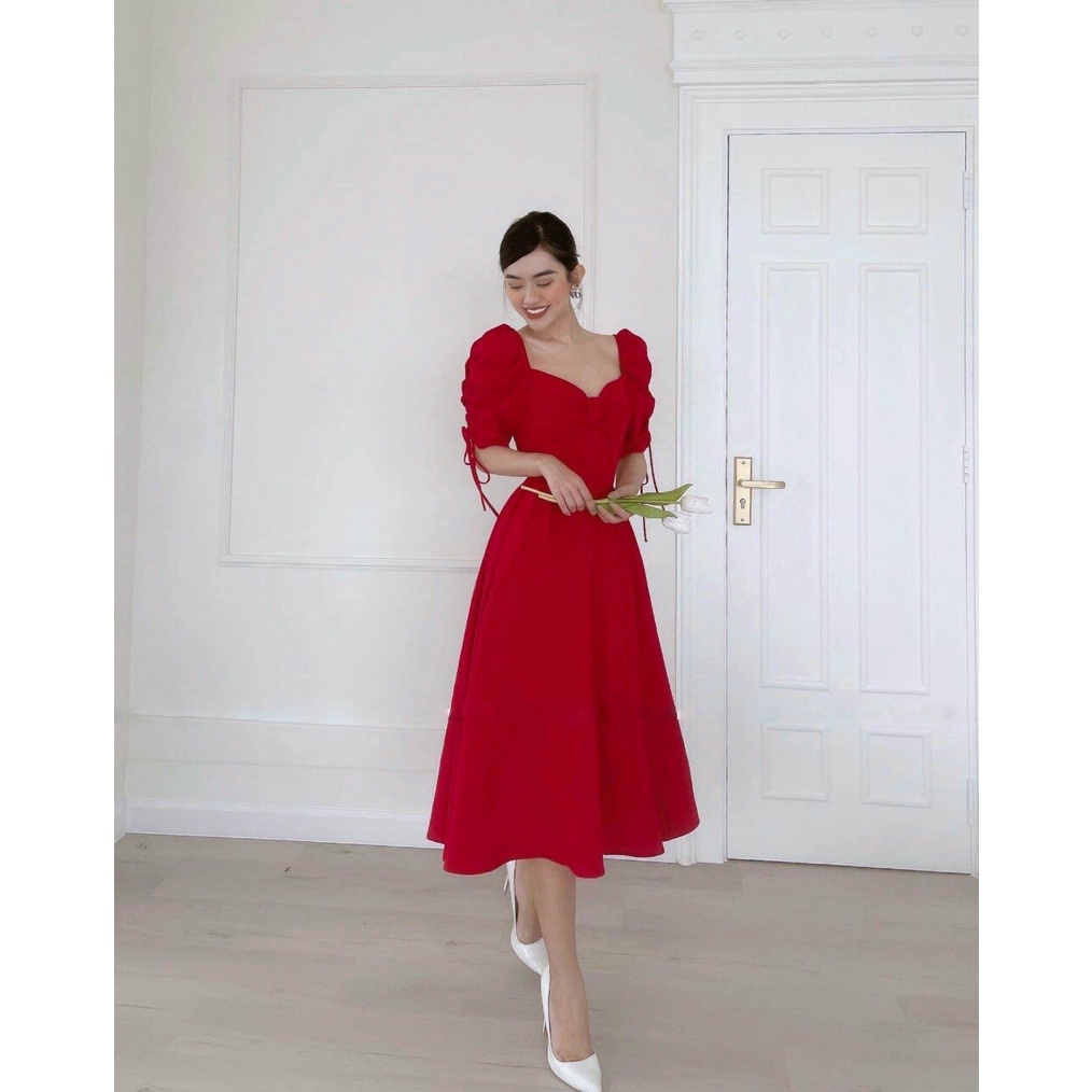 Đầm Đỏ Dự Tiệc Cổ Vuông Ty Fashion Tay Nhún Dây Rút SML | BigBuy360 - bigbuy360.vn