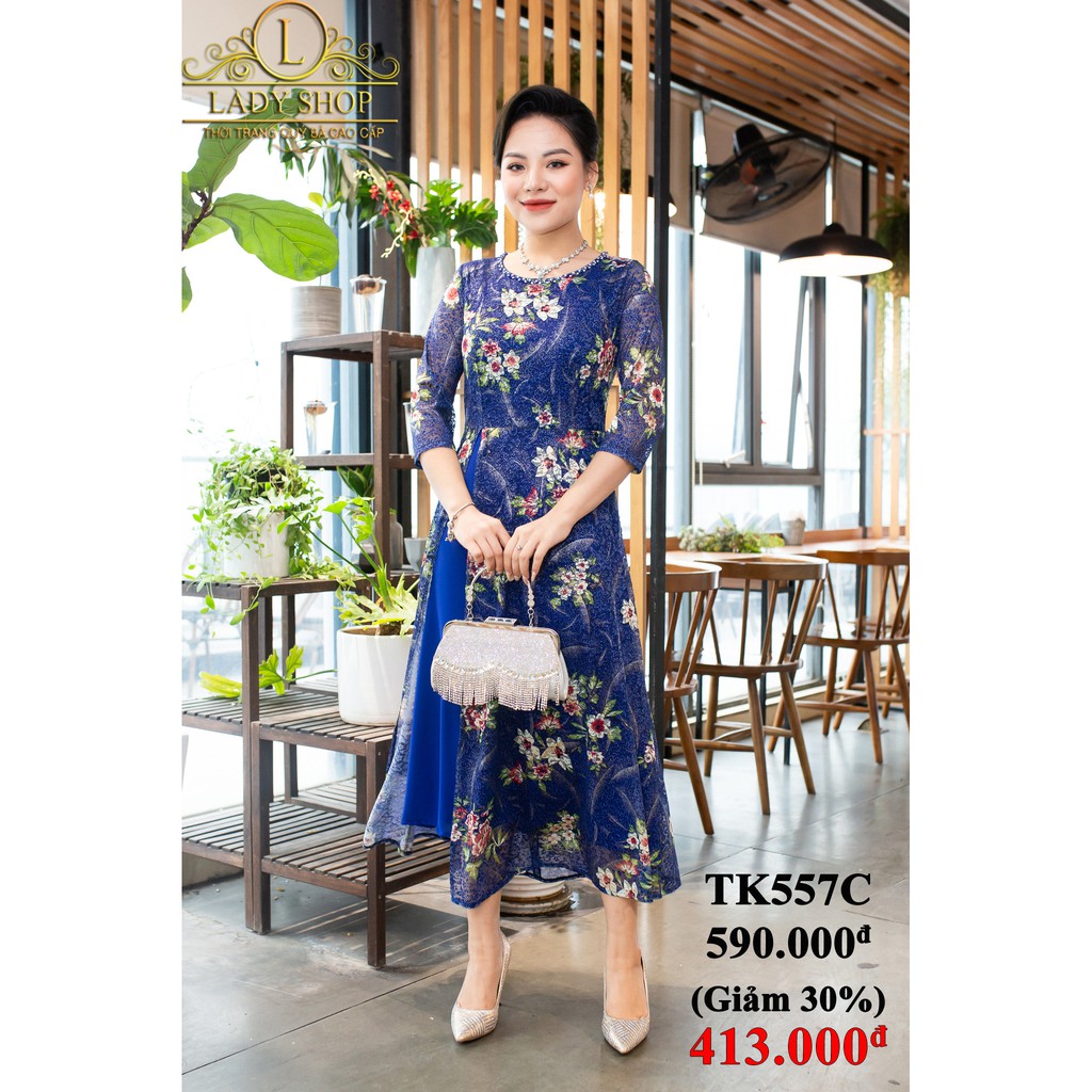 Váy Trung niên đầm quý bà Cao Cấp - LADYSHOP - Đầm ren đỏ cành hoa xẻ tà cổ đá TK557