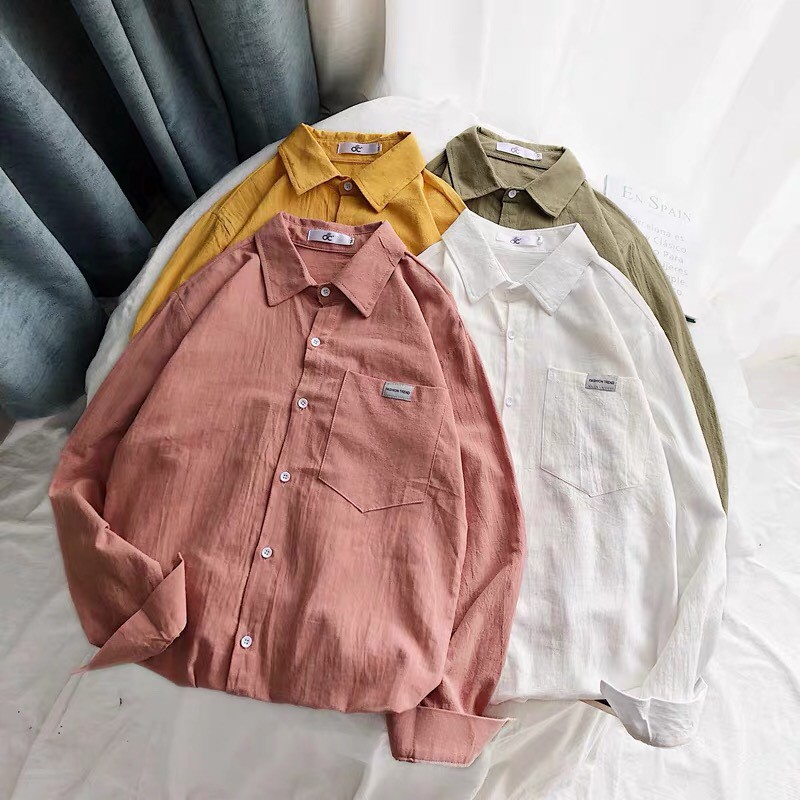 Áo sơ mi nam vải thô màu vàng hồng trắng xanh rêu style Hàn Quốc | BigBuy360 - bigbuy360.vn