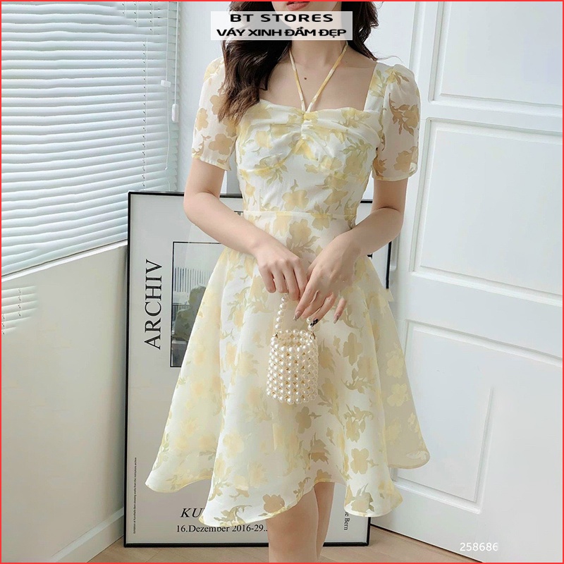 Đầm hoa cổ yếm chất vải voan tơ (ảnh thật) Holi - BT135