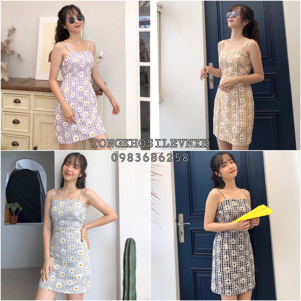 Sale - (VNXK) ĐẦM HAI DÂY HOA CÚC CARO BODY NỮ - VÁY 2S KẺ SỌC Ô CARO DAISY CHUN SAU KHOÁ KÉO