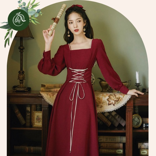 (Hàng Order không có sẵn) Váy vintage tay phồng, thắt nơ, phong cách cổ điển, chất liệu dày dặn, phù hợp cho mọi dịp