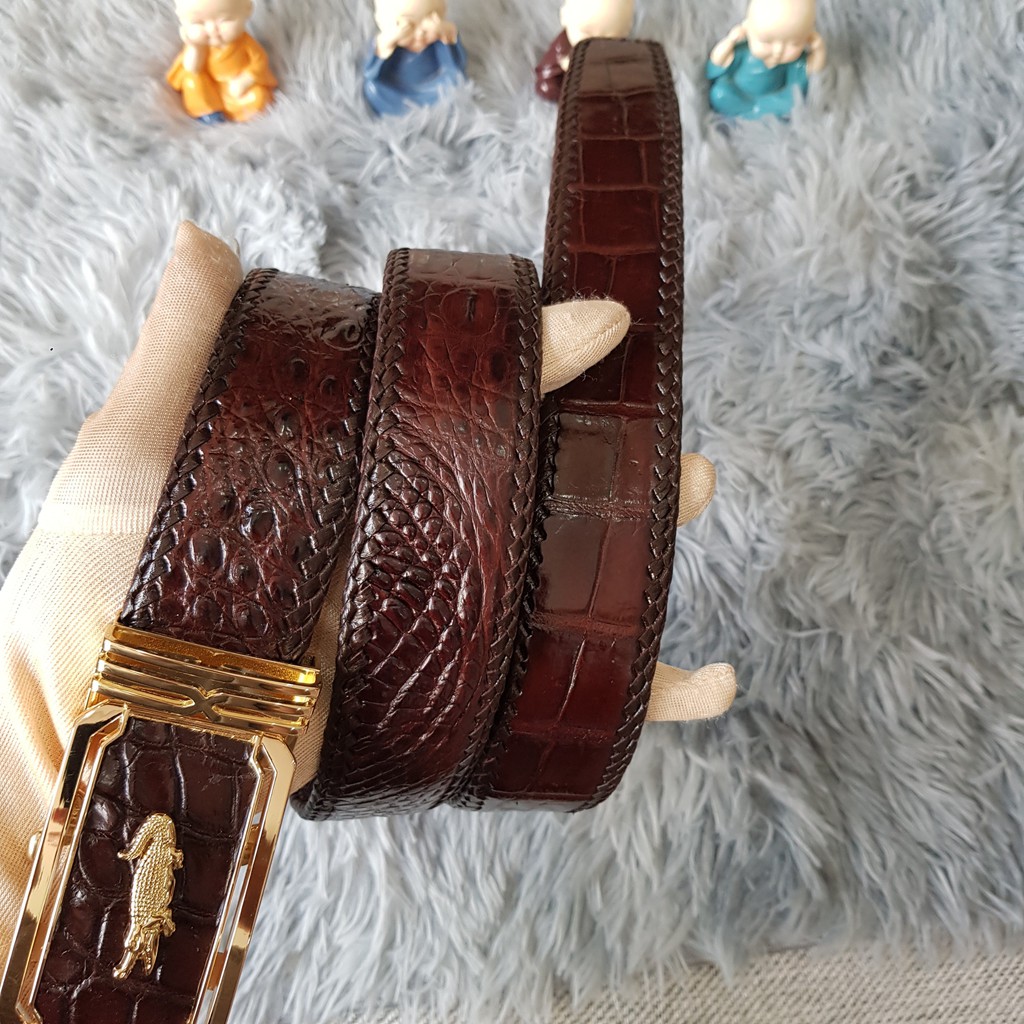 Dây Lưng Cá Sấu Đan Viền Thủ Công 4.0cm I Dây Lưng Da Cá Sấu Đan Viền Da Bụng Liền Nguyên Con, Màu Nâu I Bảo Hành 24 Thá