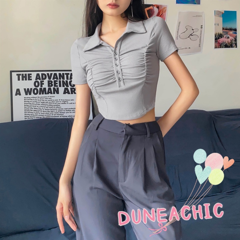 DUNEA Áo Croptop Cổ Bẻ Xếp Ly Thời Trang Trẻ Trung Cho Nữ
