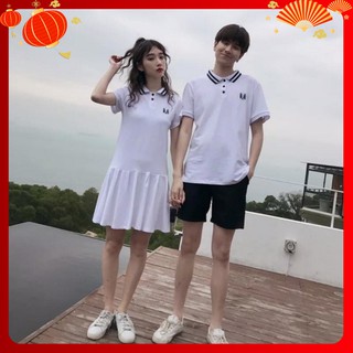 Áo đôi đẹp áo váy thun cặp có cổ màu trắng AVG23