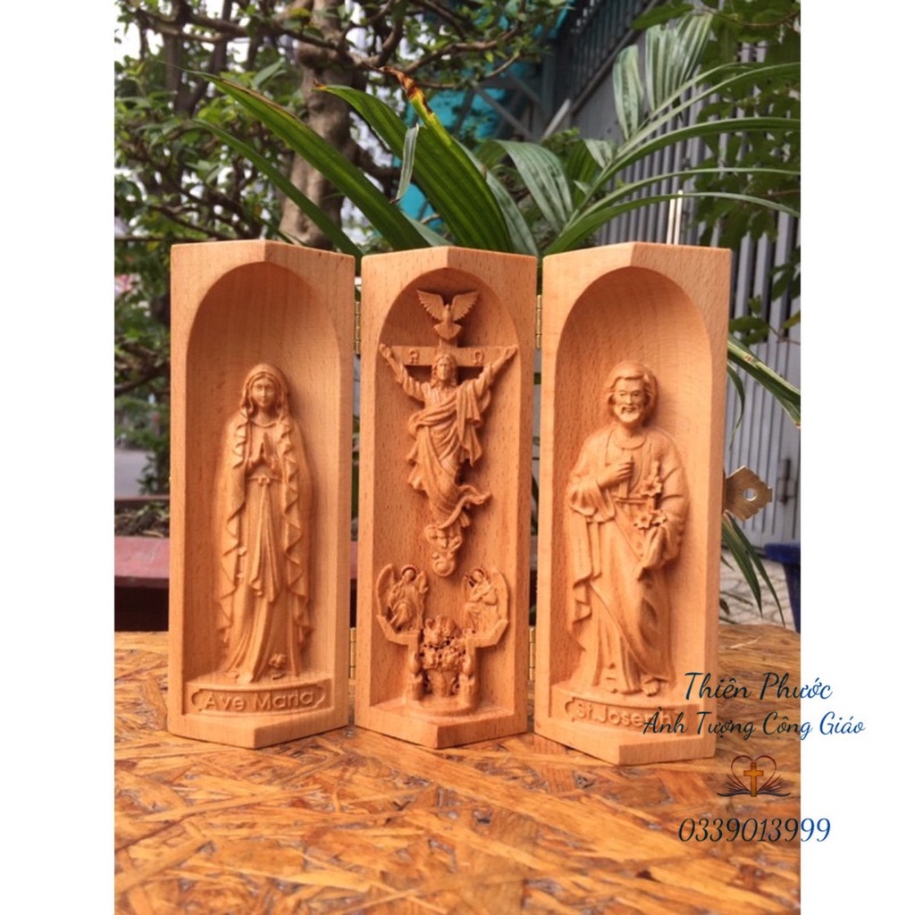 Bàn Thờ Công Giáo - Bộ Bàn Thờ Gỗ Mini mẹ lộ đức , giuse & chúa khải hoàn cao 15cm