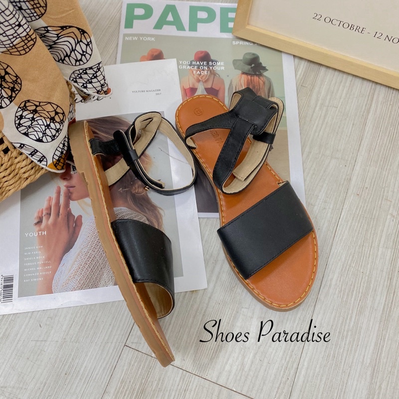 Sandal nữ xinh bảng ngang da bò thật đế bệt Shoes Paradise 1NC