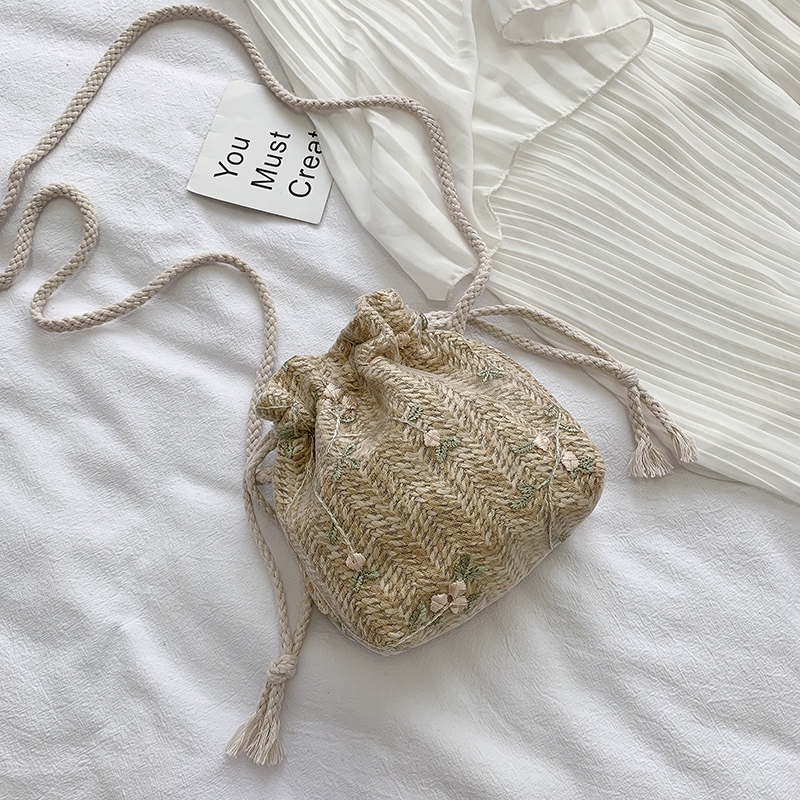 Túi đeo vai IELGY thiết kế rút dây thêu hình hoa lá thời trang dành cho nữ