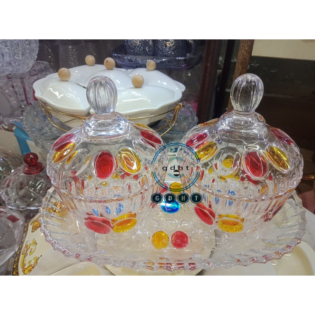 bộ 2 hũ mứt thủy tinh kèm khay