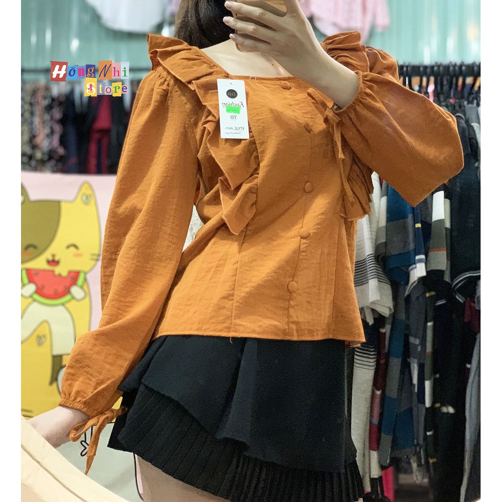 Sơ Mi Kiểu Nhún Bèo Phối Nút Tay Dài Búp Thắt Nơ - Áo Kiểu Công Sở Ulzzang