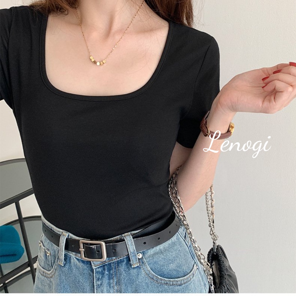 Áo phông nữ ❤️LENOGI❤️ áo cổ vuông cộc tay phom đẹp 100% cotton co giãn tốt mặc mát