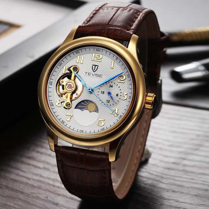 [Ưu đãi khủng – Tặng Qùa] Đồng hồ chạy cơ Automatic nam dây da thương hiệu TEVISE 795 Japan Golden chống nước