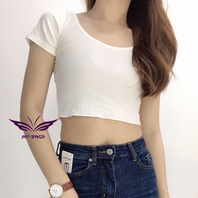 Áo croptop nữ tay ngắn chất thun, áo thun cổ tròn NPAO017