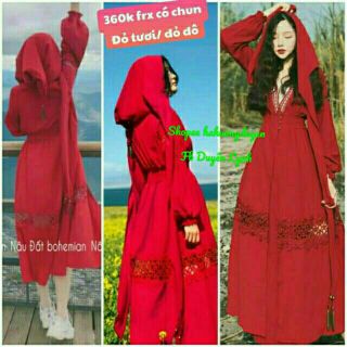 Top bán chạy sẵn hàng  Váy boho đỏ kèm khăn mũ / váy maxi đi du lịch