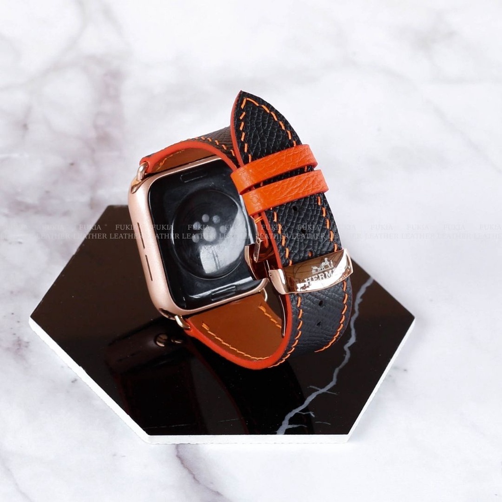 Dây da thủ công Epsom Đen Mix Cam dành cho Apple Watch, đồng hồ thông minh, đồng hồ cơ