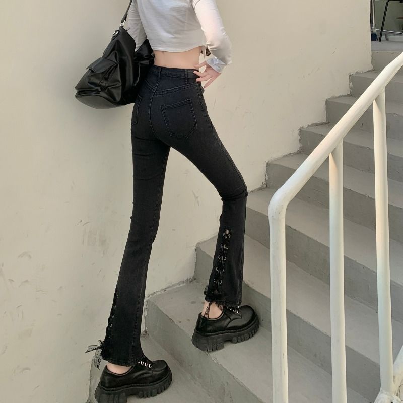 Quần Jean Lưng Cao Ống Loe Ôm Dáng Phối Dây Cột Thời Trang Cho Nữ