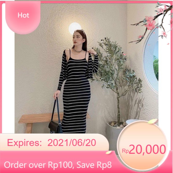 Bộ Đầm Nữ Dài Kẻ Ngang Áo Cardigan Dài Tay , Váy 2 Dây Áo Khoác Nữ🌟🌟🌟CHUẨN CAO CẤP Local Brand ★★★ Korea