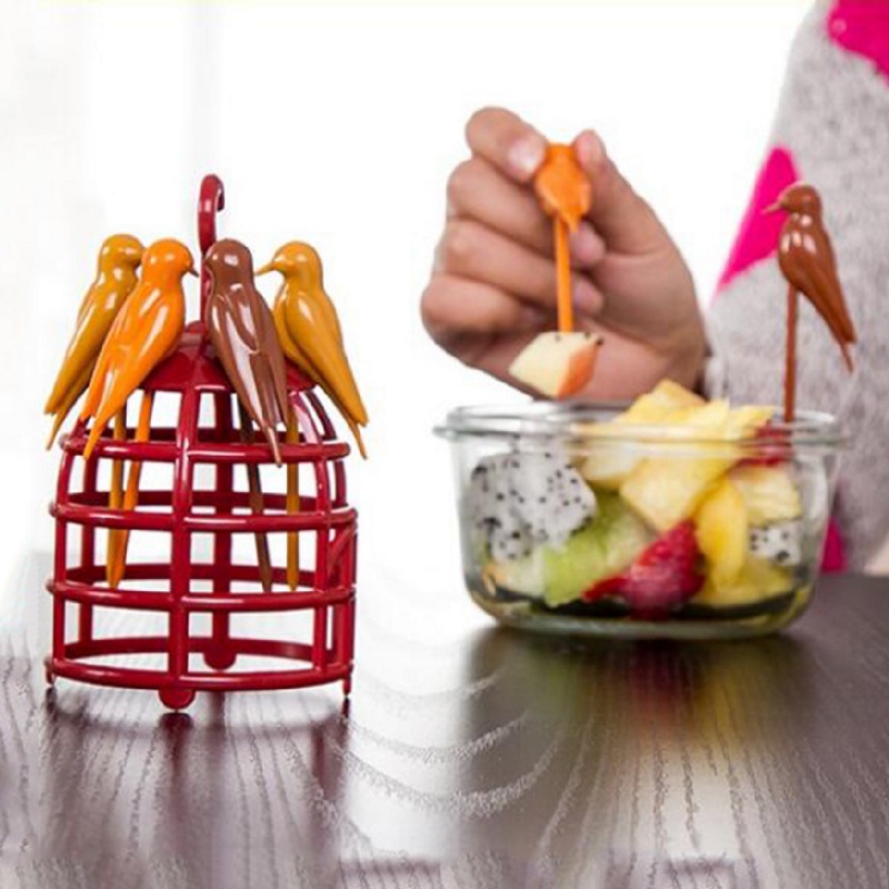 Set 6 Nĩa Ăn Trái Cây Hình Lồng Chim Bằng Nhựa Giá Đỡ