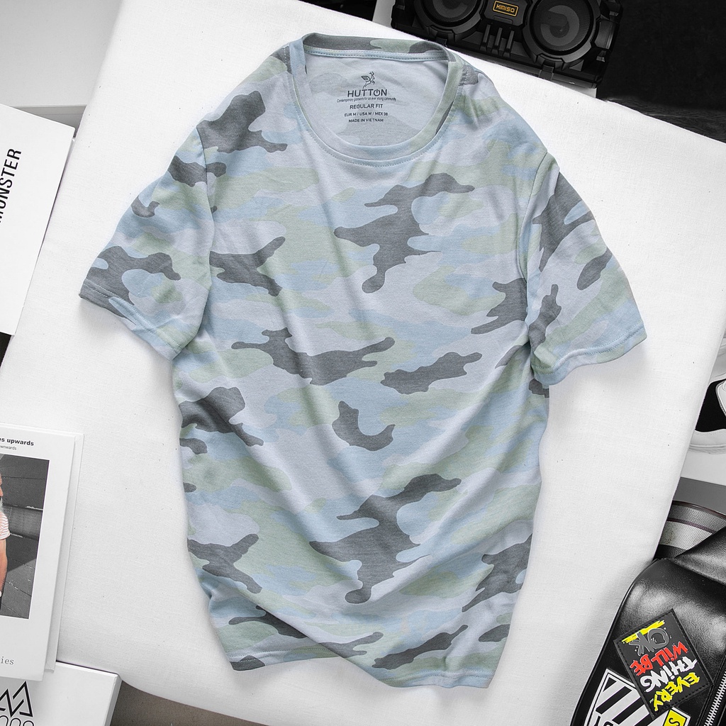 Áo Phông Nam HUTTON, Áo Thun Nam Cổ Tròn Hoạ tiết Camo, TRƠN, Chất liệu thoáng má