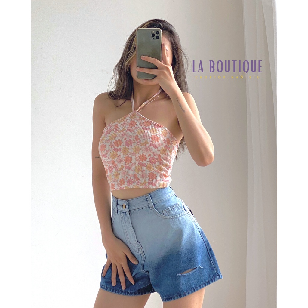 Áo Croptop Nữ Cổ Yếm Cột Dây Hoa Nhí FreesizeThun Gân LA BOUTIQUE