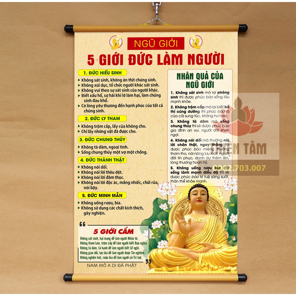 Tranh Ngũ Giới: 5 Giới Đức Làm Người 40x60cm chất liệu vải phủ bóng cao cấp, dày dặn