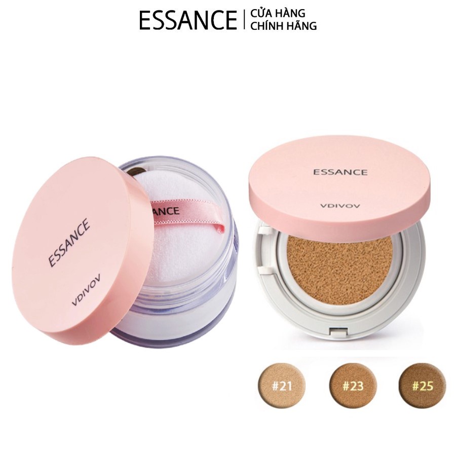 Combo Phấn nước mịn lì mờ khuyết điểm Essance Veil Fit Cushion SPF50+ PA+++ &amp; Phấn phủ kiềm dầu dạng bột đa năng Essance