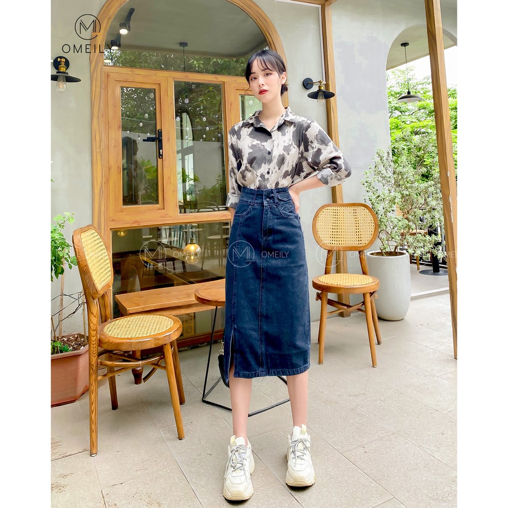 Chân váy suông dài xẻ tà cạp cao đen trơn phong cách Ulzzang Omeily | BigBuy360 - bigbuy360.vn