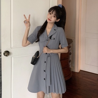 Đầm Cổ Vest Xếp Ly Màu Xám Thời Trang 4593