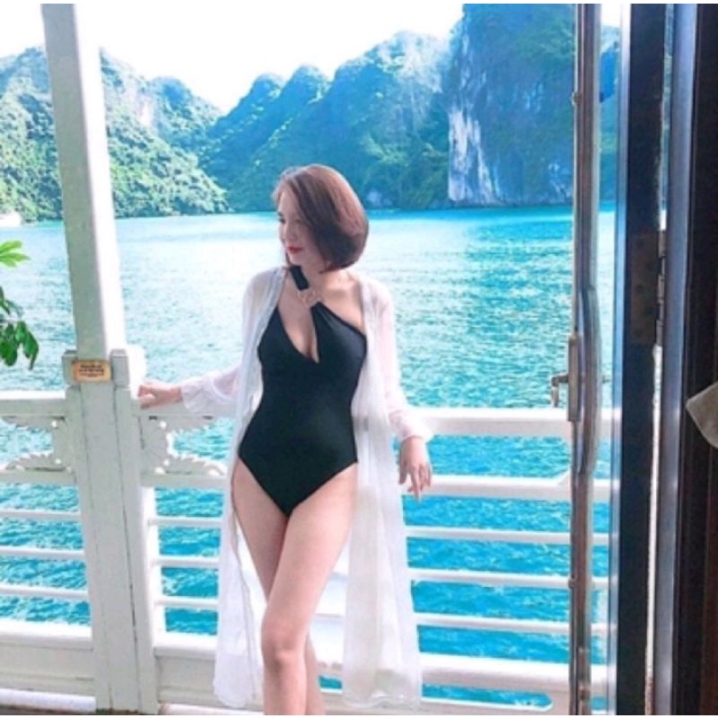 Bikini đồ bơi 1 mảnh lệch vai phối khoen VATIXA BKN35 ĐEN