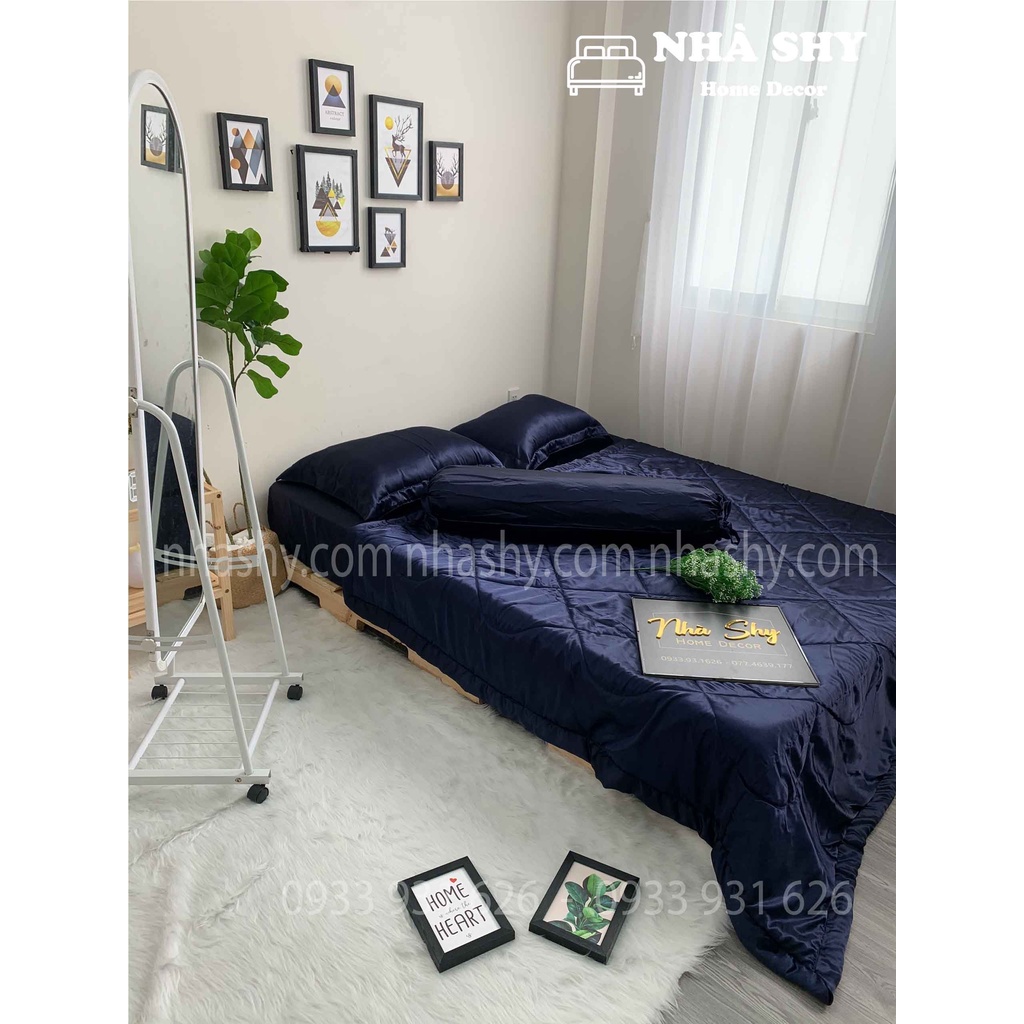 TRỌN BỘ DRAP GIƯỜNG PHI LỤA BÓNG CAO CẤP - MÀU XANH ĐEN - MÃ 16