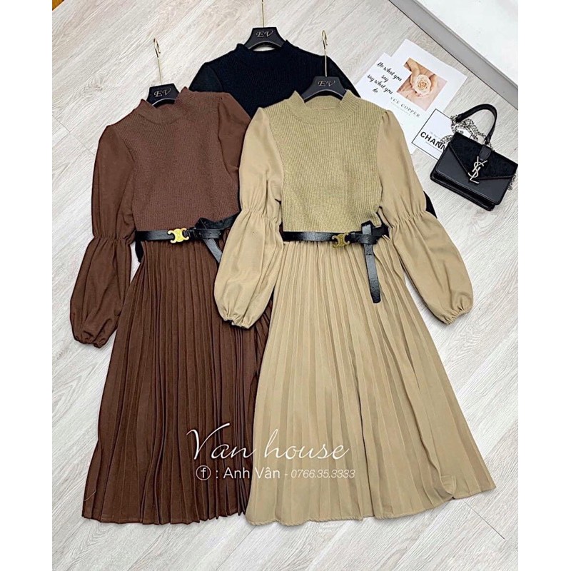 Váy pha thân len maxi kèm đai chân dập ly
