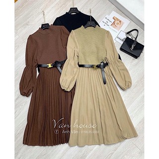 Váy pha thân len maxi kèm đai chân dập ly