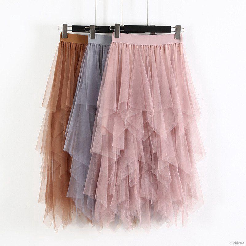 Korean Women Elastic High Waist Solid Color Irregular Mesh Stitching Wild A-line Long Paragraph Skirt