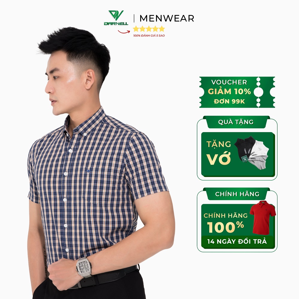 Áo sơ mi nam ngắn tay kẻ caro DARNELL phom slimfit vải cotton cao cấp ít nhăn, thấm hút mồ hôi mềm mịn bền đẹp DN0041