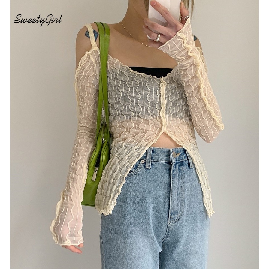 Áo thun trễ vai tay dài màu sắc ngọt ngào dành cho nữ