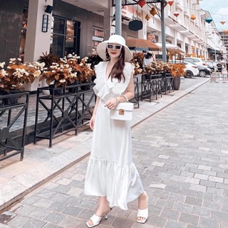 [VỀ LẠI MÀU TRẮNG] Đầm maxi đi biển cổ V bèo/ Đầm maxi đi biển