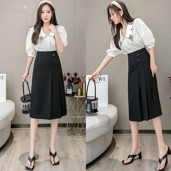 Chân váy xếp ly dáng dài màu đen phối 3 cúc - Chân váy dài qua gối lưng cao xếp ly mặc đi làm công sở đi chơi siêu xinh | BigBuy360 - bigbuy360.vn