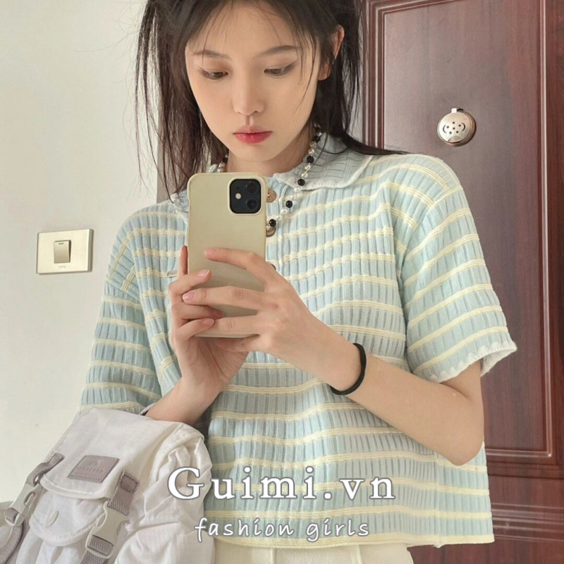 Áo kiểu polo NZN dệt kim tay ngắn dáng rộng họa tiết kẻ sọc thời trang mùa hè đơn giản dành cho nữ